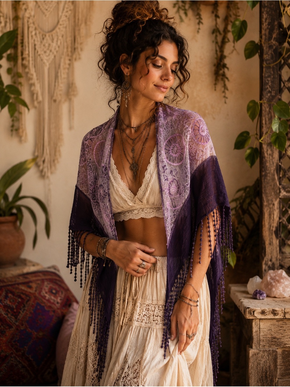 Boho Purple Embroidered Fringe Shawl Wrap Scarf Festival Cottagecore